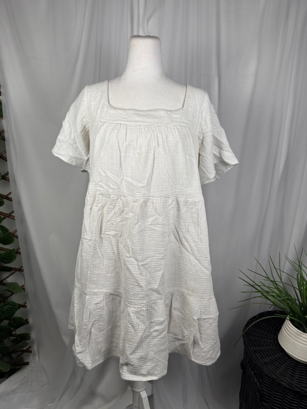 Rails White Cotton Square-Neck Tiered Midi Dress